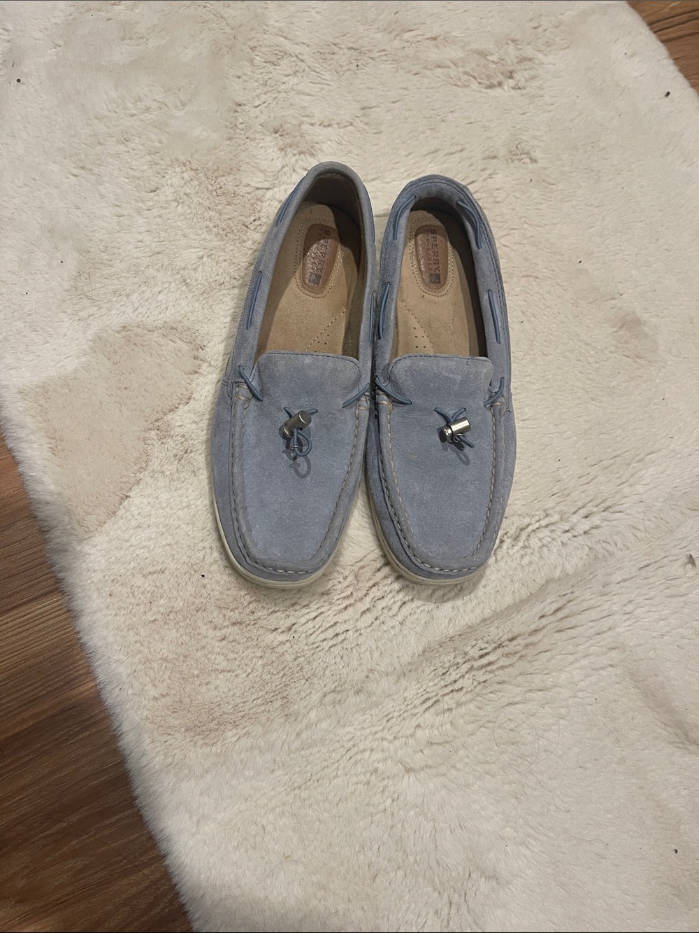 Sperry Pale Blue Suede Moccasin Loafers with Toggle Detail